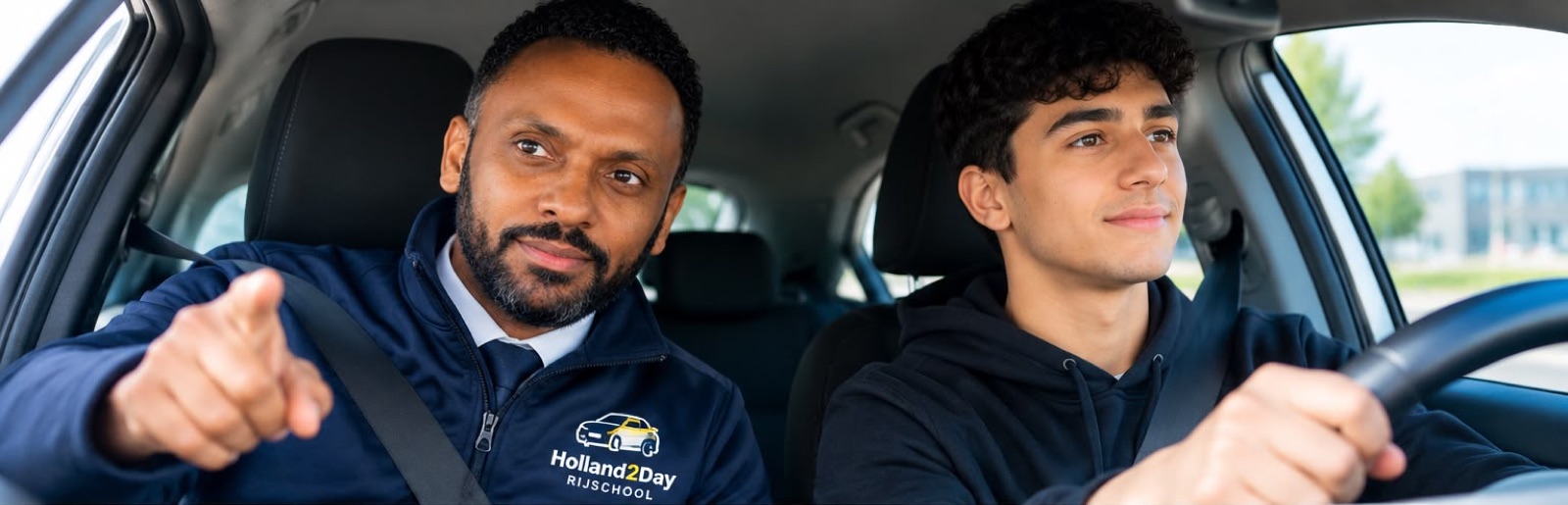 Mahmoud Mohamed geeft rijles aan een leerling in de lesauto van Holland2Day